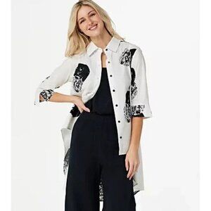 Truth + Style Petit Printed Stretch Hi-Low Button cardigan White/Black Petite XL
